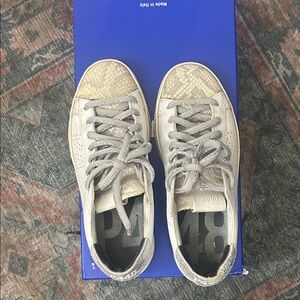 P448 Beige and Gray Textured Sneakers. Snakeskin detail on toe.